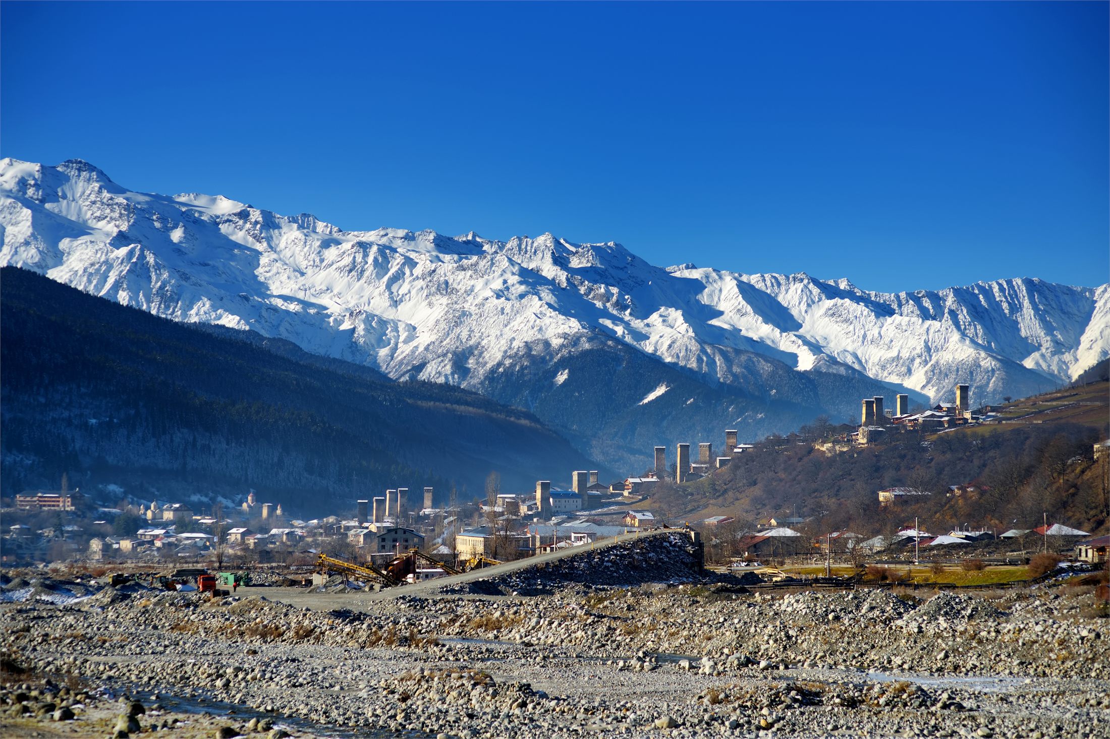 Mestia village beneath the Caucasus mountains