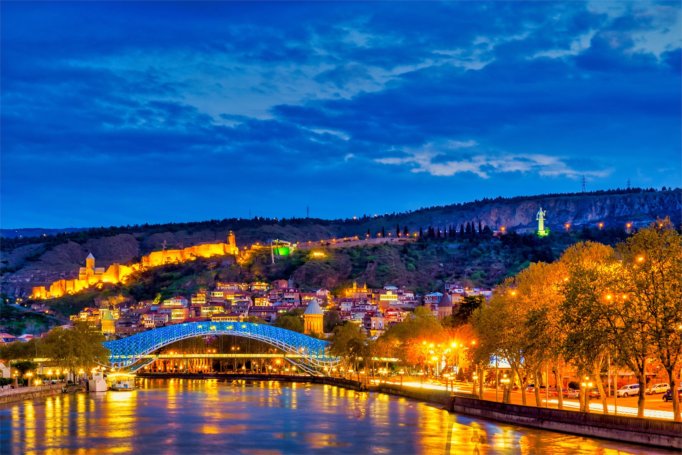 Tbilisi riverside illuminated at night